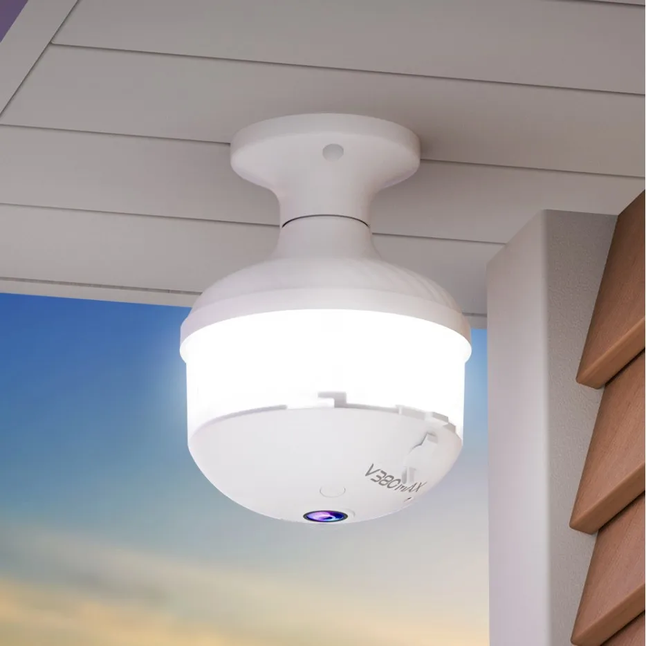 3MP 1296P V380pro APP Floodlight E27 Full Color 360Degree FishEye Panoramic View VR IP Camera AI Humanoid Detection CCTV Monitor