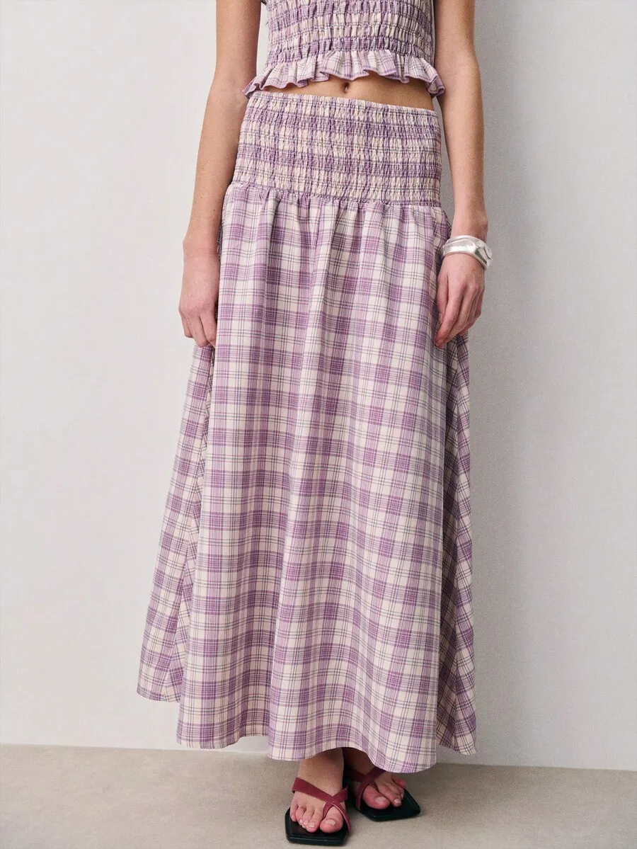 

Sleeveless Plaid Two Piece Set With Smocked Bodice Ruffle Waist And Neckline Matching Gathered Skirt