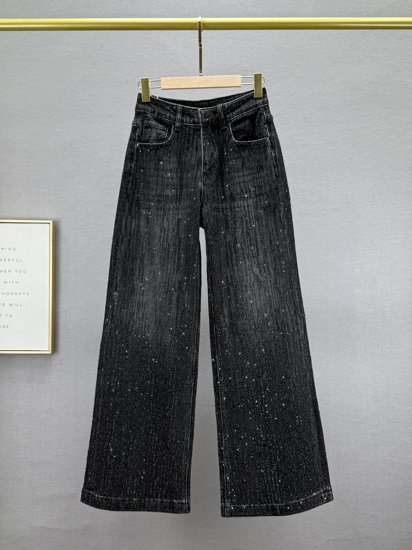 

Джинсы с высокой талией и широкими штанинами для женщин, свободного кроя, стройнящие, длинные брюки, осенняя новинка, европейский стиль, с бриллиантовой отделкой, из хлопка со стрейчем