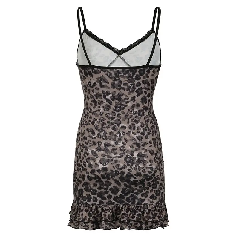 Houzhou Leopard gedruckt sexy Frau Kleid schlank Mini einteilig y2k ärmelloses Vintage Kleid Hotsweet Lece kurze Bodycone weiblich