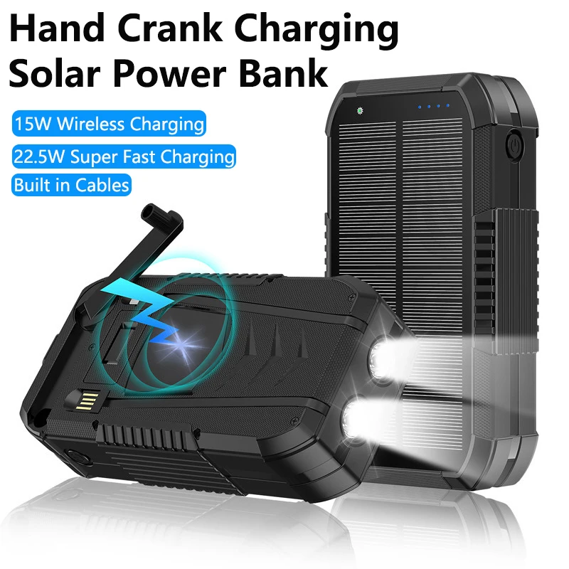 

Hand Crank Solar Power Bank 40000mAh with Cable Wireless 22.5W Fast Charger Powerbank for iPhone Samsung Xiaomi External Battery