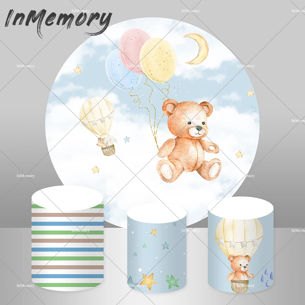 

Hot Air Balloons Baby Shower Round Backdrop Cover Bear Birthday Party Decoration Photobooth Cake Table Plinth Covers