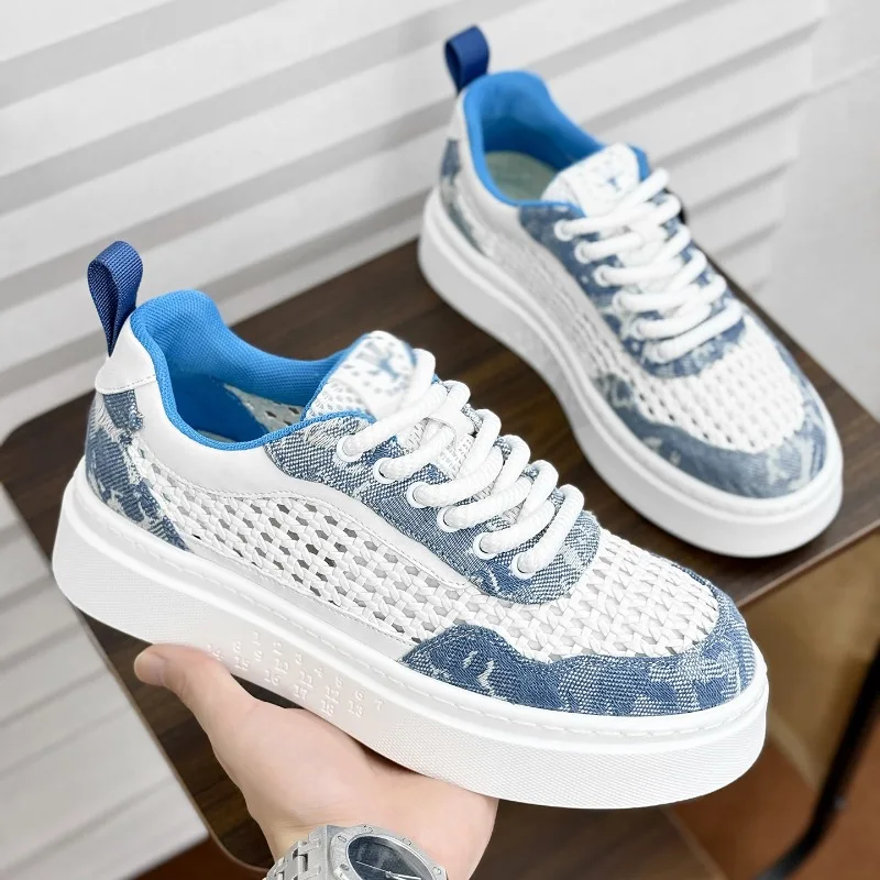 Men's Casual Sports Shoes Comfortable Breathable Mesh Thick Bottom Board Net Surface Trendy Flat Heel Synthetic Leather Shoes