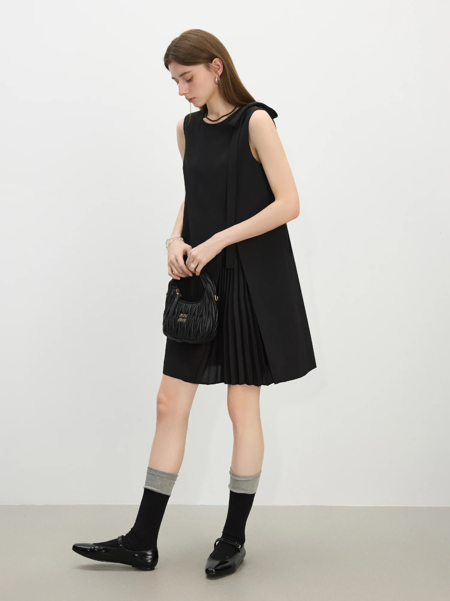 FSLE 2025 Summer Petite Textured Pleated Dress - Artisan Bow Accents & Flared A-Line Silhouette for Casual Chic 25FS12622