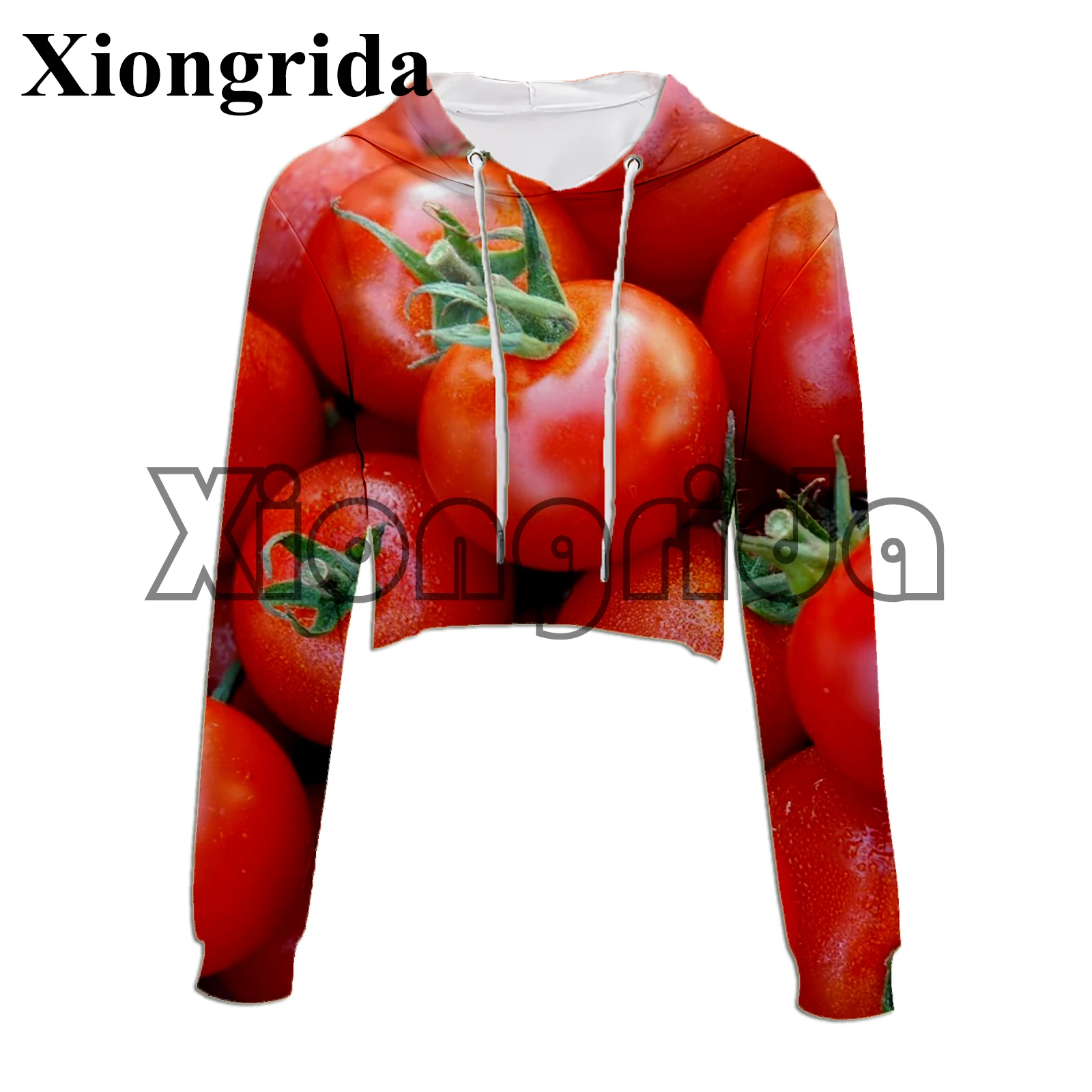 Novelty Tomato Print Crop Top Hoodie Women Casual Long Sleeve Hooded Short Sweatshirt Sexy Crop Sweaters Y2K Hooded Pullover Top