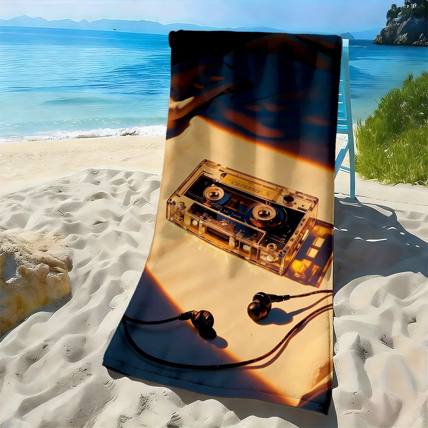 Retro cassette tape nostalgic patterns polyester microfiber beach towel is highly absorbent, suitable swimming and beach outings