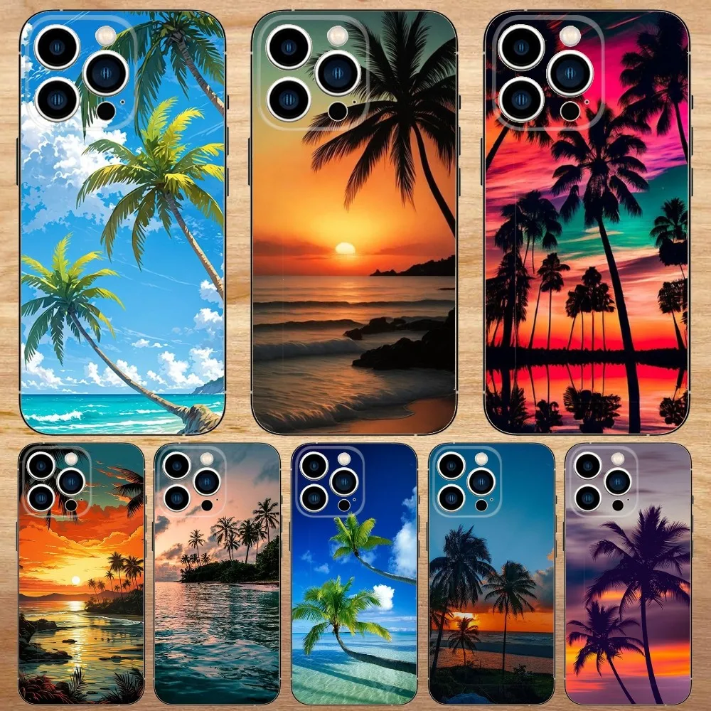 Summer Beach Sea Palm Tree Phone Case For iPhone15,14,13,12,11,Pro,Max,Plus,Mini,X,XS,XR,8,7,6,S,Plus,SE Soft Black Case