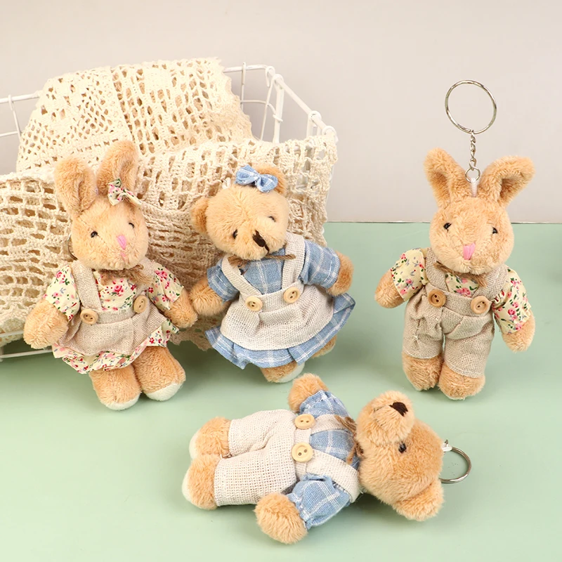 Cute Linen Teddy Bear Keychain Women Couple Country style Rabbit Keychain On Bag Car Trinket Female Wedding Party Toy Girls Gift