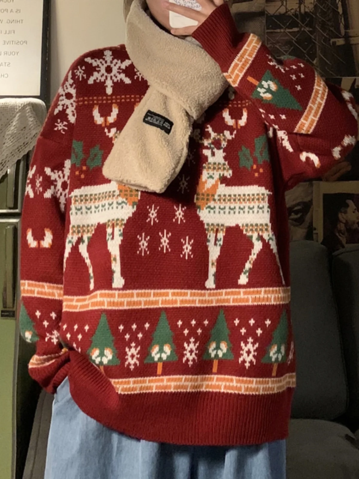 

Cisas Deer Loose Knitted Sweater Couple Matching Lazy Sle Autumn Winter Korean Version Men's Faion INS Cable Knitwear