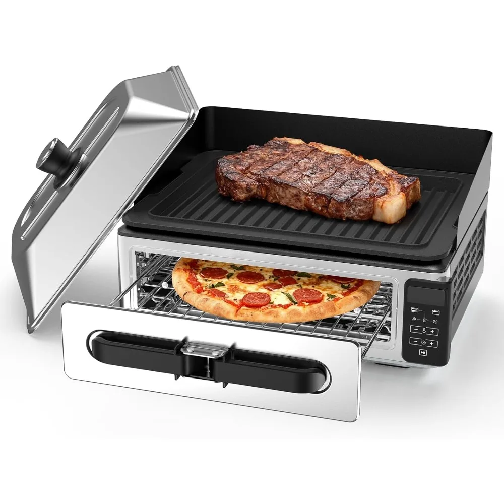 

Electric Indoor Grill for Steak and Vegetables Smokeless Griddle with Lid Adjustable Temperature Control Nonstick Grill Plate