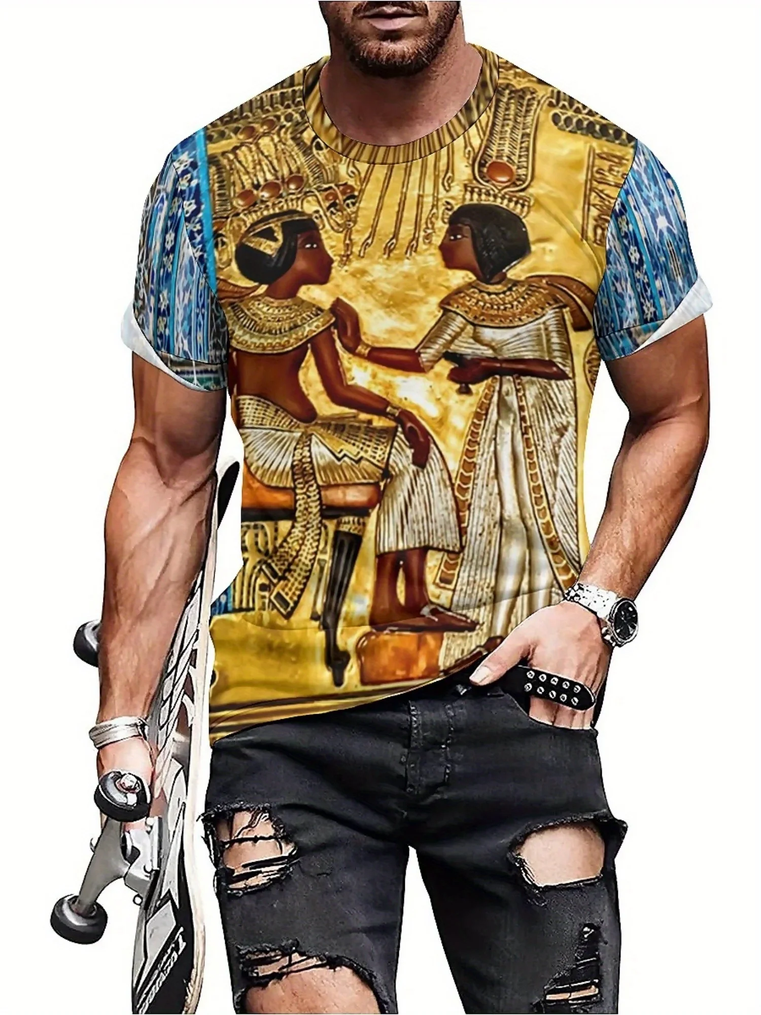 Men's Retro Y2K Ancient Egyptian Pharaoh 3D Print T-Shirt - Short Sleeve, Round Neck, Vibrant Egyptian Art Design