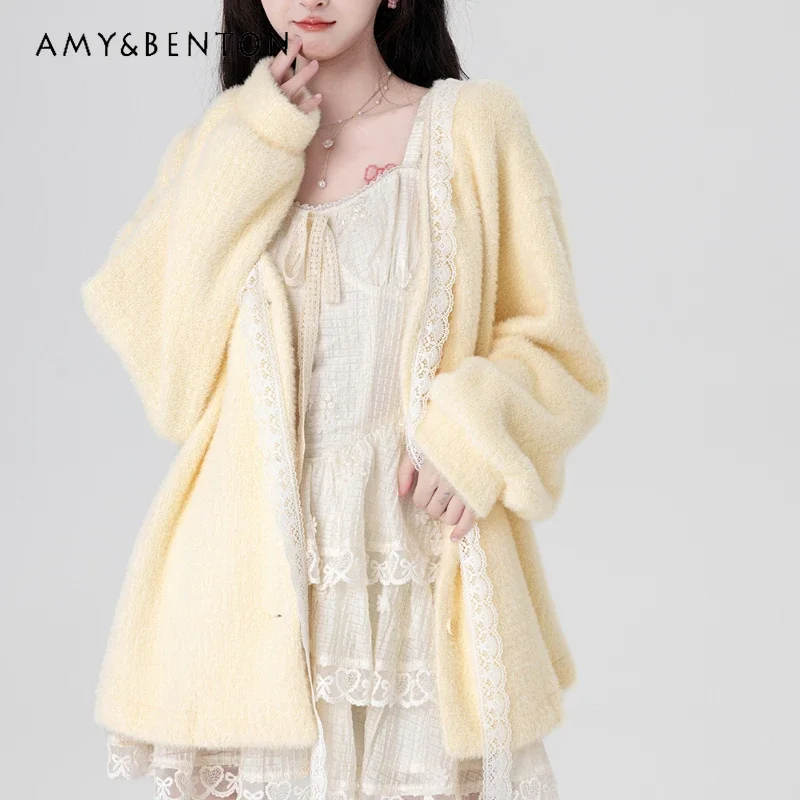 2024 New Lace Edge Bundle Multi-color Sweater Cardigan Women's Autumn Sweet and Cute Knitted Coat For Girls