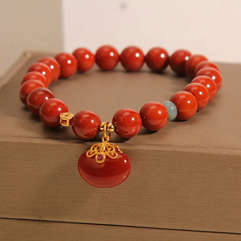 Natural South Red Agate Bracelet Women's Ethnic Style Retro Jequirity Bean Pendant Crystal Bracelet Gift for Bestie