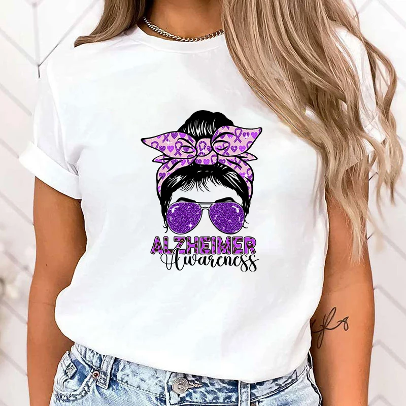 

(High quality T shirt)new alzheimer's awareness print t shirts women casual round neck tees top summer cool loose short sleeve