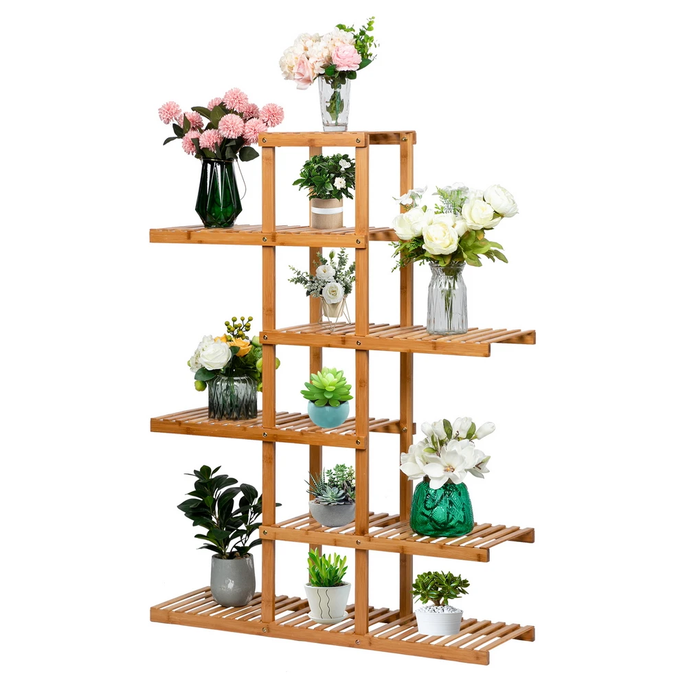 100% Bamboo Plant Frame 6-Layer 12-Seats Balcony Flower Stand Rack Office Living Room Garden Decoration Natural[US-Stock]