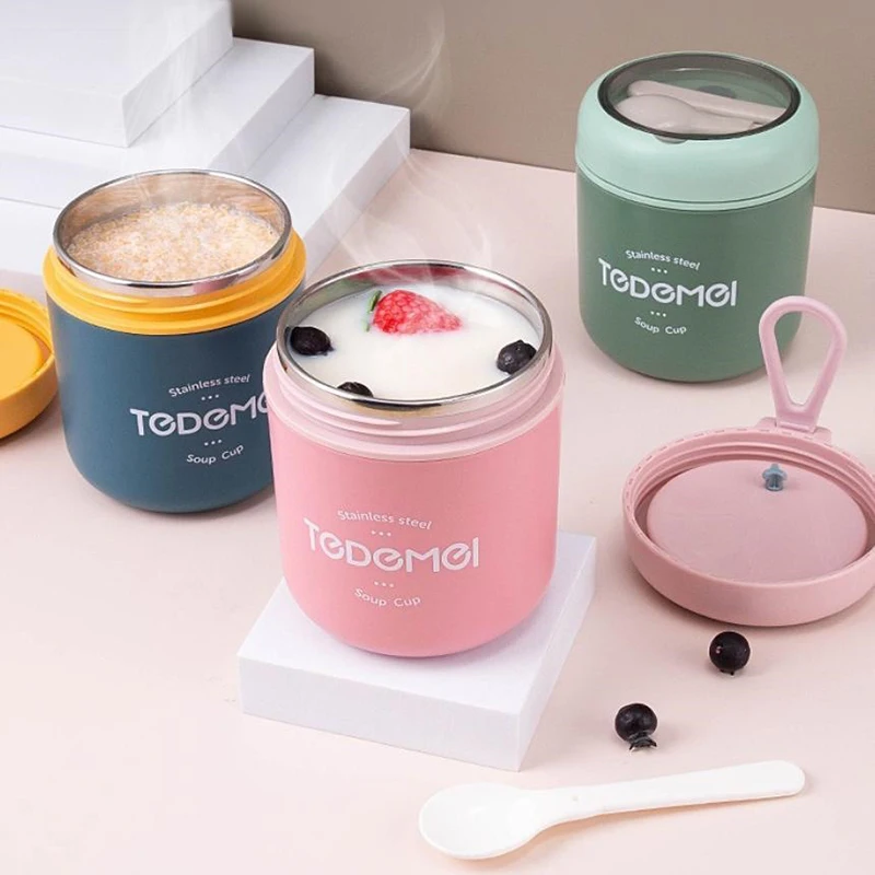 ☸ الفولاذ المقاوم للصدأ فراغ كوب حساء علب الاغذية تخزين دفئا مع ملعقة الغذاء الحرارية جرة معزول حساء الترمس الحاويات برودة #5