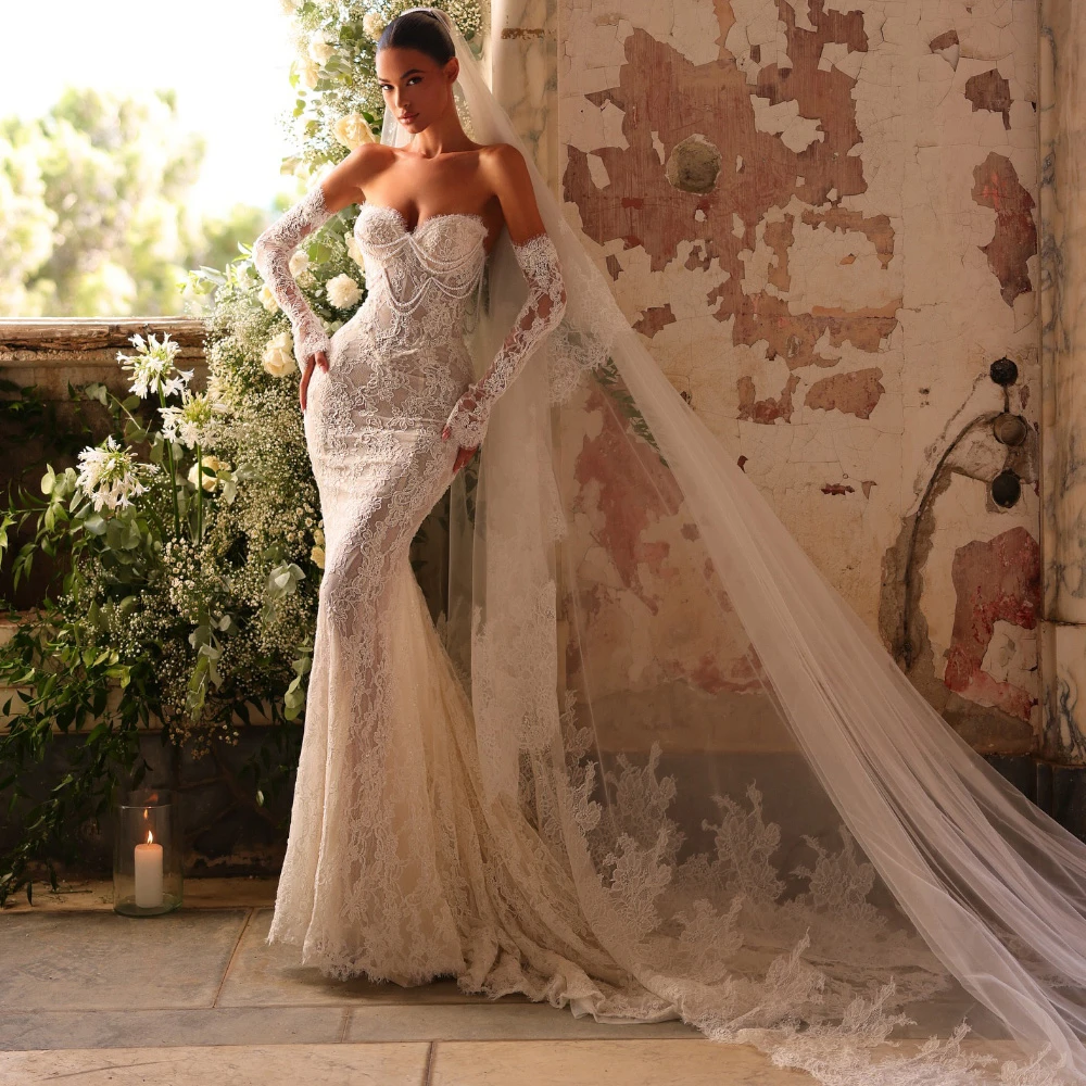 

Customized Romantic Ivory Lace Wedding Dress Classic Sweetheart Sleeveless Bridal Gowns Soft Mermaid Court Train Robe de mariée