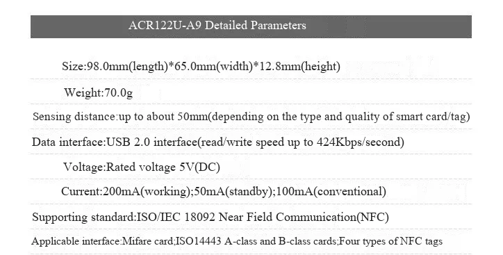 NFC-fähiger ACR122U-A9 Kartenleser und -schreiber, UID-Kopiergerät für IC-ID-Karten, geeignet für Zugangskontrolle, Aufzüge usw. – Detail 3