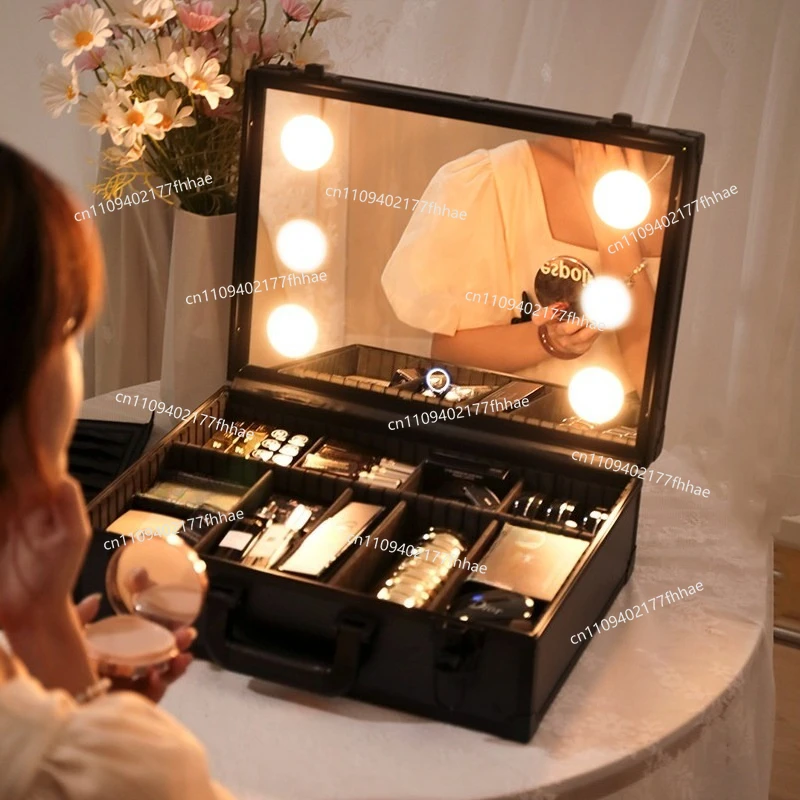 Professional Portable Light Makeup Case LED Follower Makeup Case Dimmable with Mirror Multi-layer Makeup Large