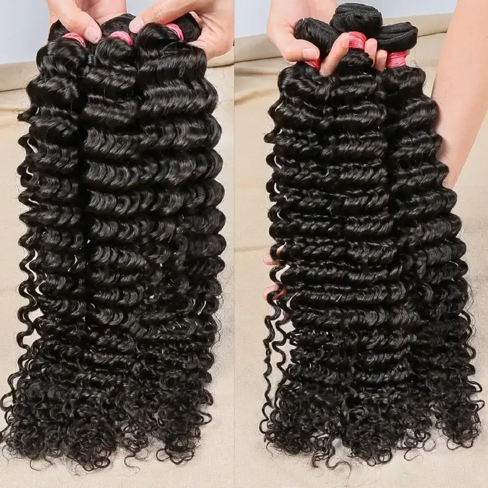 Extensiones de cabello humano Remy brasileño, mechones de ondas de agua profunda 100%, doble trama, tejido profundo, Color negro Natural, 3 uds.