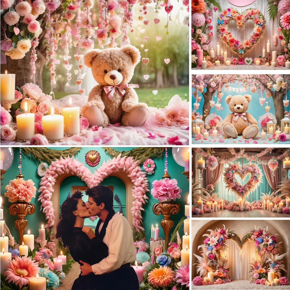 

MOON.QG Valentine's Day Sweet Bear Photo Background Teddy Bear Candle Flower Backdrop Girl Birthday Accessories Poster Photozone