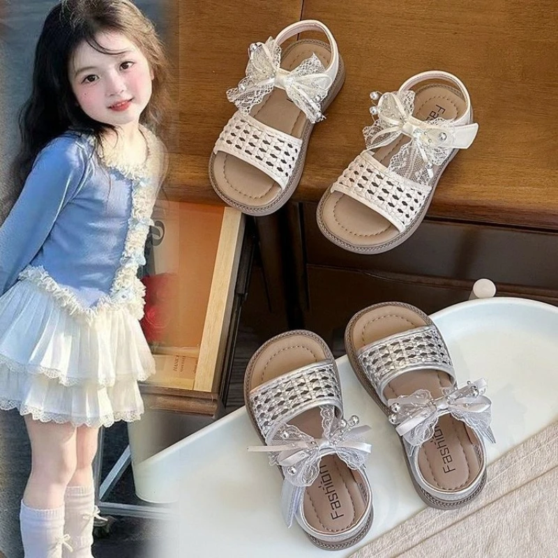 

Kids Summer Flat Sandals Sweet Princess Bow Girls School Mary Jane Sandals Open-toe Children Woven Beach Sandals Wedding Party