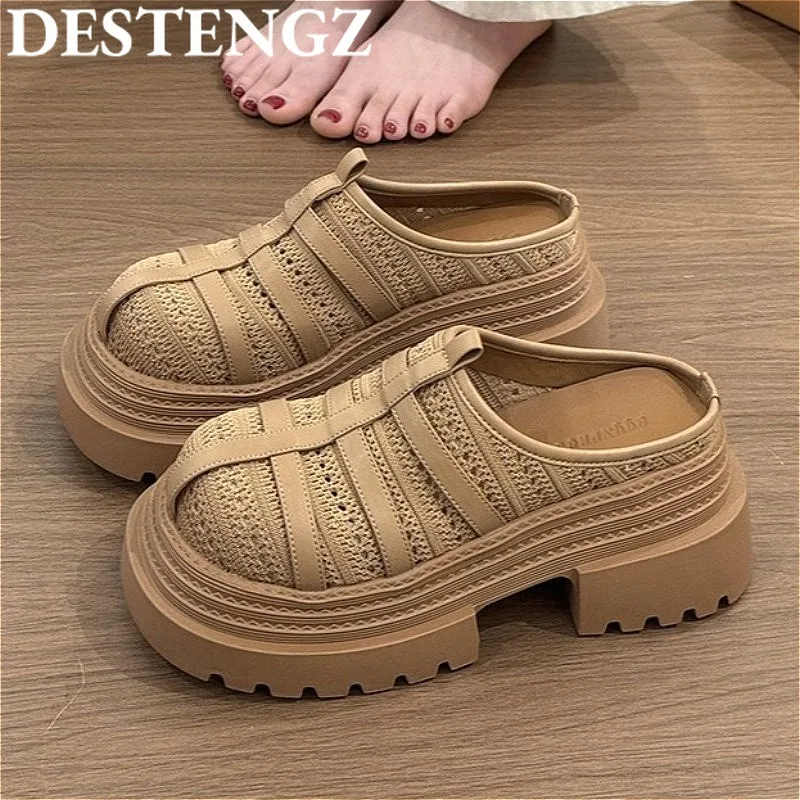 

Platform Weave Mules Shoes Women Flats Slippers Hollow Sandals Summer Casual 2025 New Sport Shoes Trend Beach Slides Mujer Dress