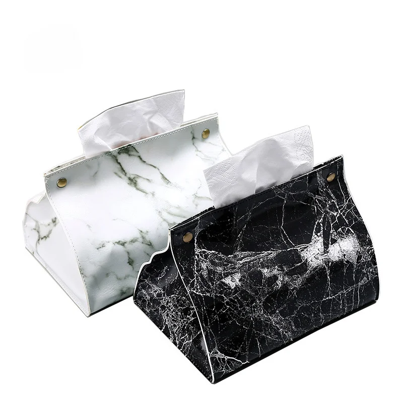 INS Tissue Case Box Container PU Leather Marble Pattern Napkin Tissue Holder Papers Bag Cosmetic Box Case Pouch Organizer