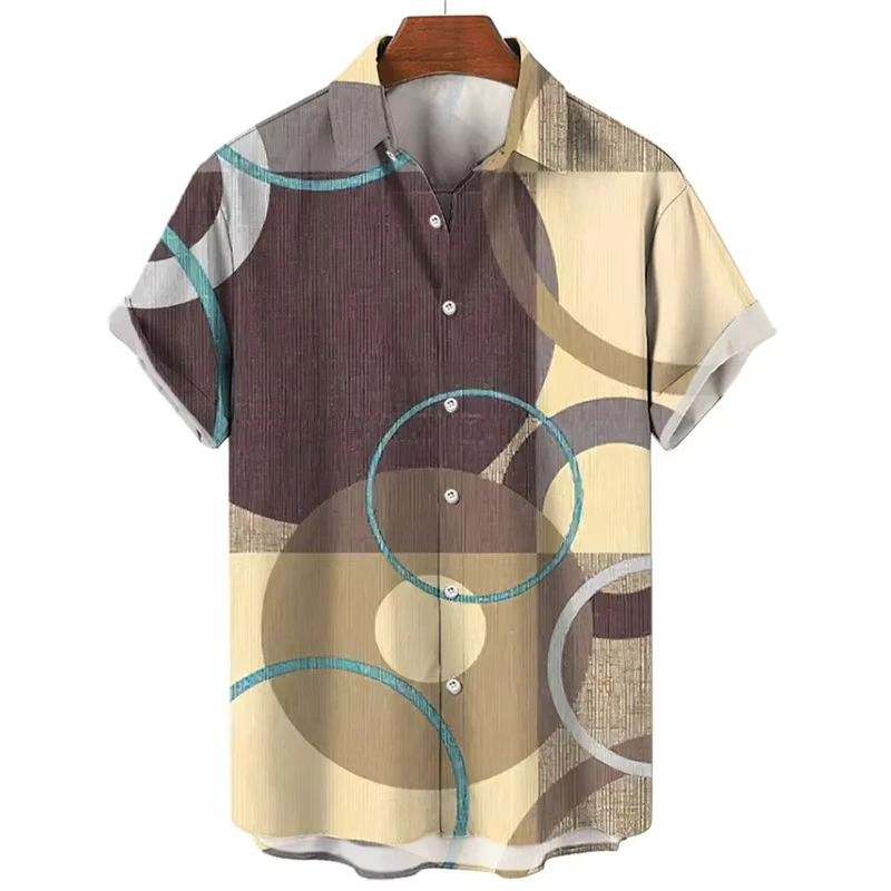Men's Shirt Abstract Circular Line Print Short Sleeve Turn Down Collar Loose Summer Daily Casual Tops Mens Clothing