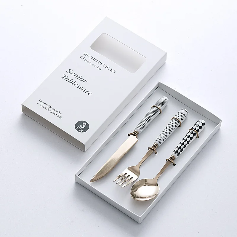 Vintage Hepburn style stainless steel tableware three piece set, knife, fork, spoon set, ceramic handle, fork, spoon gift box gi