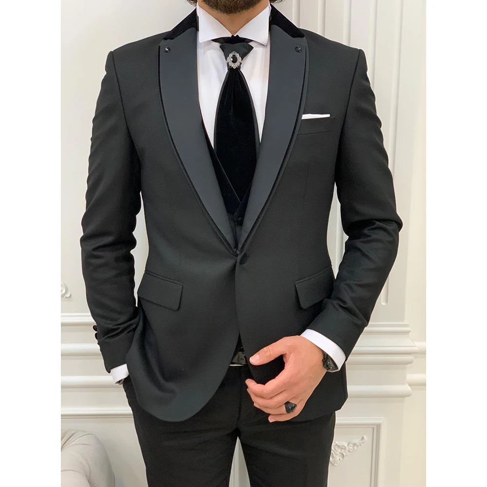 

Blazer Men Suits Terno Black Shawl Lapel Single Beasted Groom Masculino Costume Hombre Elegant Prom Jacket Pants Vest Slim Fit