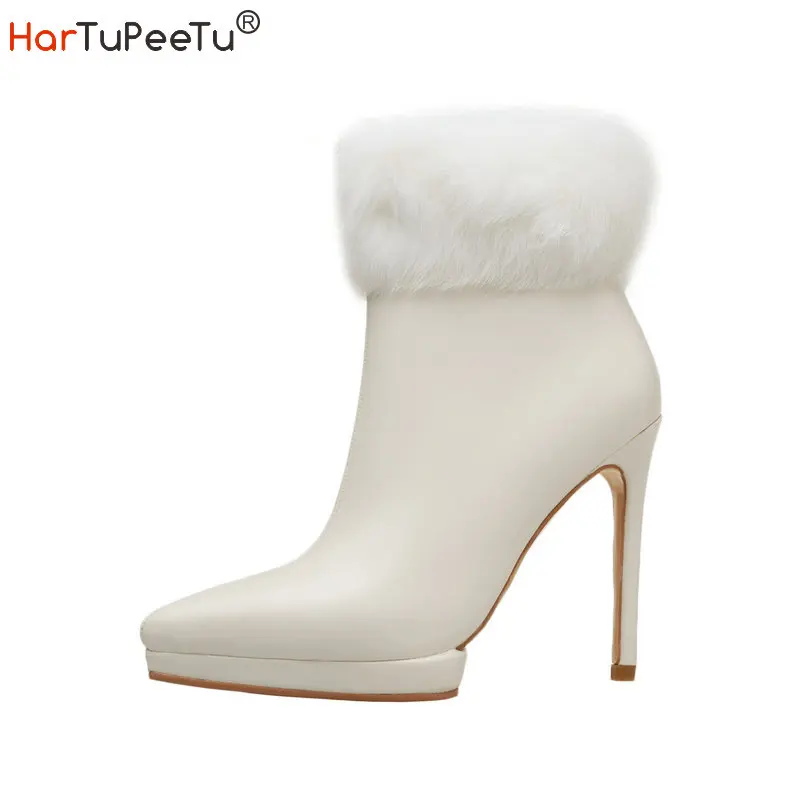 Classic Black White Ankle Boots with Rabbit Fur Women 2024 Autumn Winter Stiletto Shoes Warm Plush Thin High Heels Booties