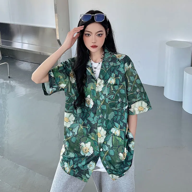 Kemeja Desain Bunga Cetak Vintage Streetwear Longgar Model Harajuku Kemeja Blus Liburan Longgar Kancing Sebaris Lengan Penuh