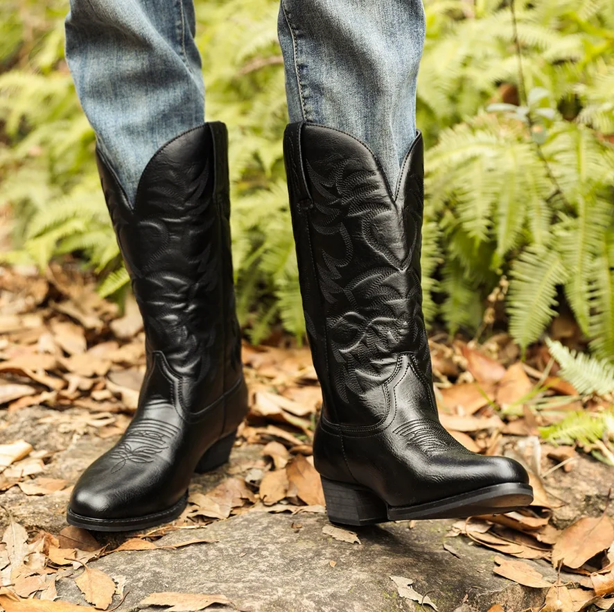 

Удобные мотоциклетные ботинки на высоком каблуке с вышивкой и деревянными корнями, модные высокие ковбойские сапоги в стиле вестерн 1688