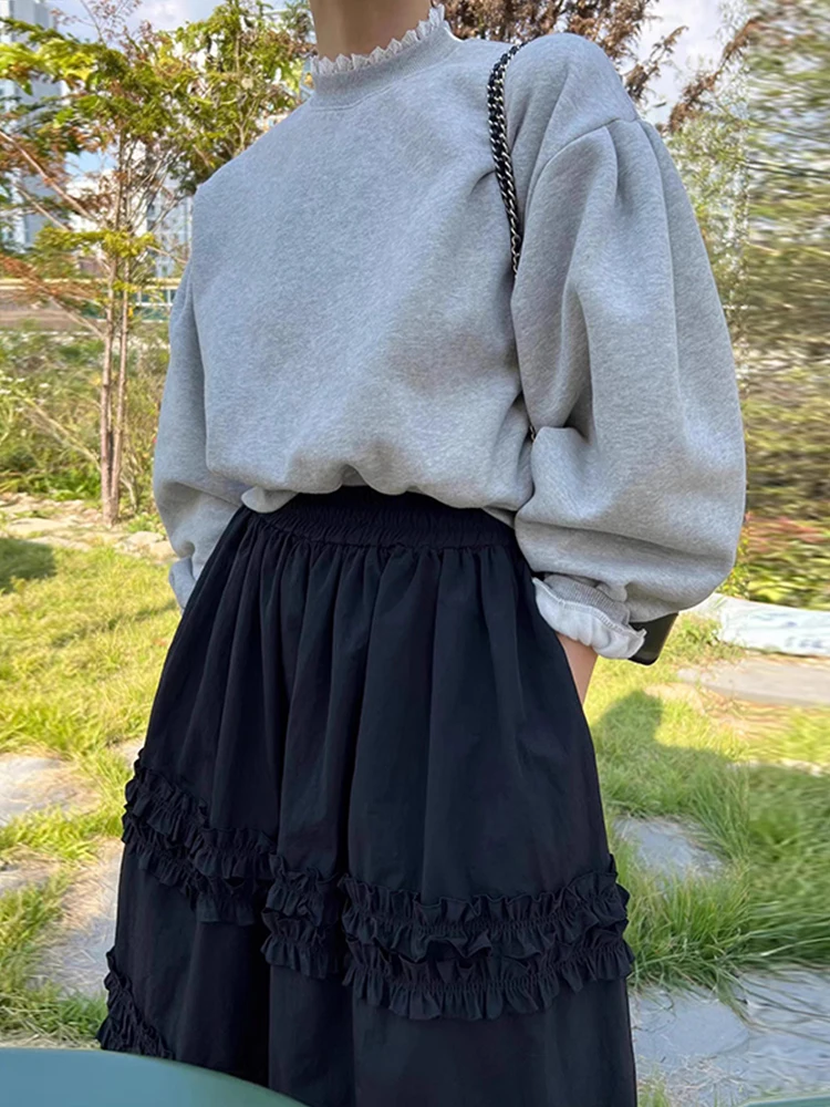 

Chic Autumn Winter Sweatshirt Skirt Set with Ruffle Decoration Elastic Waist Half-length Versatile Outfit for Young Women
