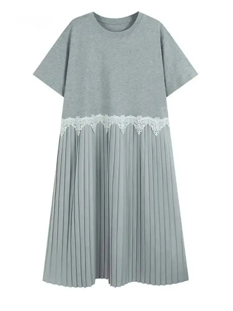 

Женское серое кружевное плиссированное повседневное платье миди большого размера, новое модное платье с круглым вырезом и коротким рукавом, весна-лето