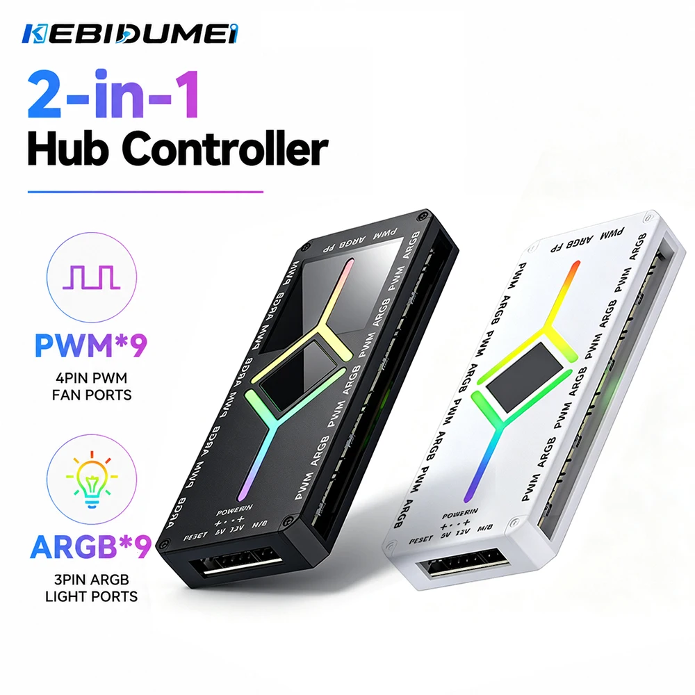 KEBIDUMEI 2-in-1 Hub Controller 9 Port ARGB PWM Fan Hub Adapter with ARGB Controller 5V 3 Pin Cooling Fan Hub Splitter PWM Hub