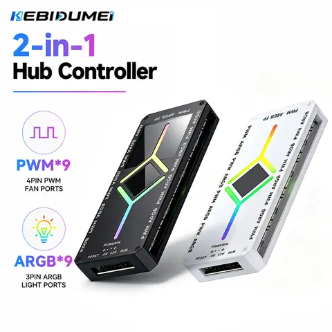 KEBIDUMEI 2-in-1 Hub Controller 9 Port ARGB PWM Fan Hub Adapter with ARGB Controller 5V 3 Pin Cooling Fan Hub Splitter PWM Hub