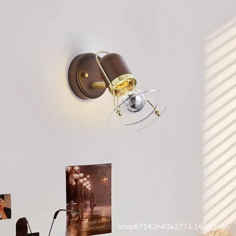 

Japanese retro walnut bedside wall lamp, Nordic wabi sabi style aisle lamp, rotatable reading, homestay bedroom lamp