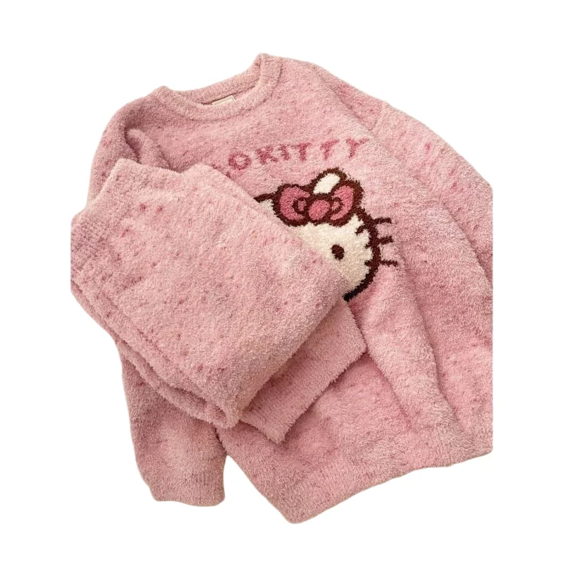 Hello Kitty Girl Pajamas Suit Sanrio Autumn Winter Keep Warm Child Cartoon Housewear Kawaii Thicken Cute Coral Fleece Pajamas