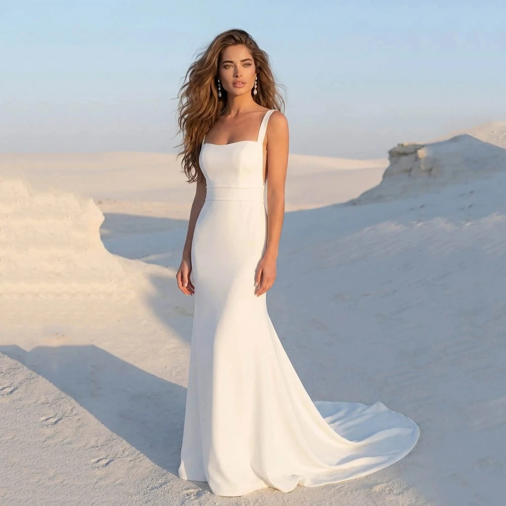 Customized Elegant Square Neck Satin Wedding Dress Wide Straps Mermaid Fit Minimalism Bridal Gown Backless Robe