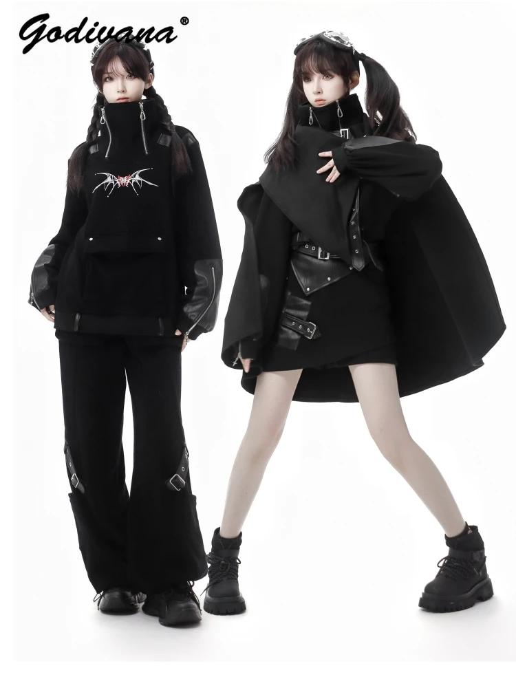 Functional Deconstruction Long and Short Fleece Hoodie Top Cool Woolen Shawl Poncho Halloween Female Fleece Skirt and Pants Set