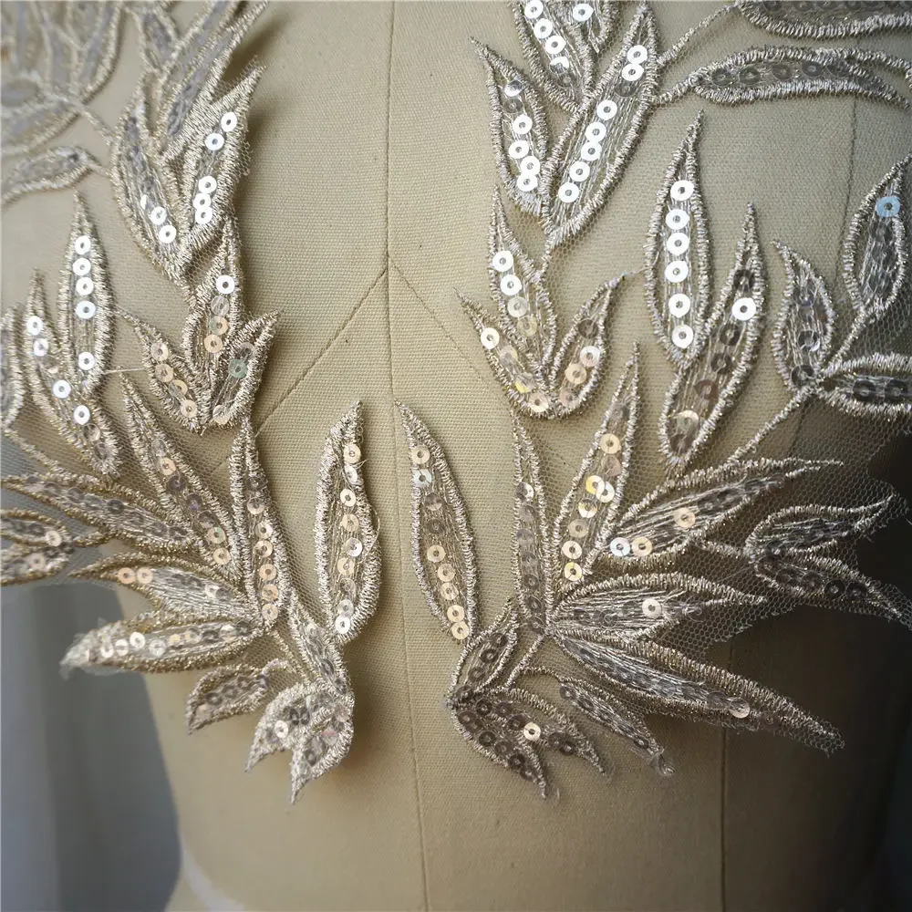 2PCS Light Gold Leaf Leaves Lace Fabric Sequin Embroidered Gown Appliques Collar Sew Patches For Wedding Decoration Dress DIY