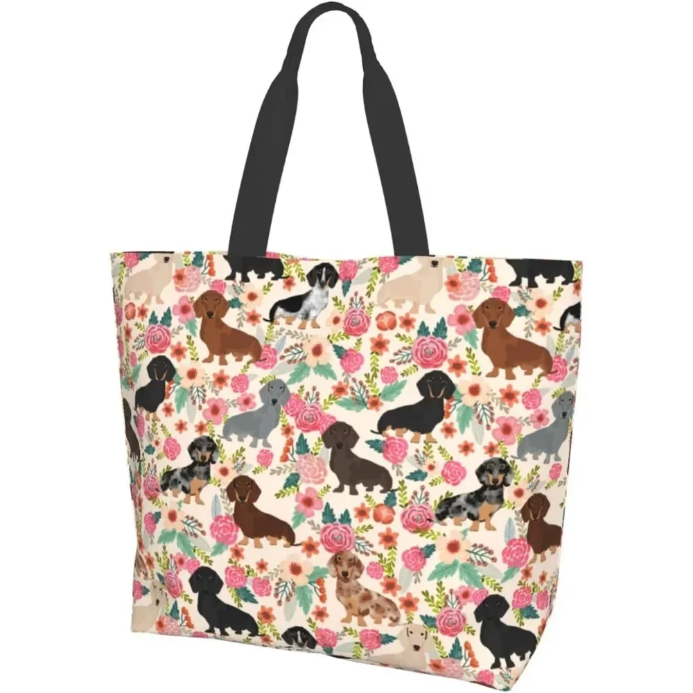 Cute dog in different color in the background  Large Tote Bag Reusable Grocery Bag Waterproof Shopping Handbag With Inner Pocket