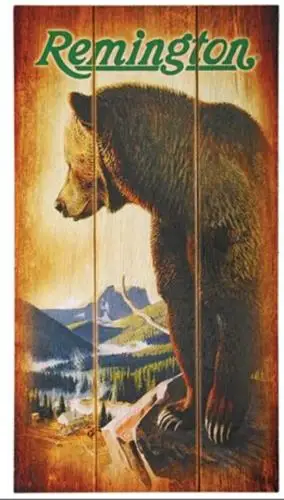 

Деревянная табличка REMINGTON BEAR WOOD SIGN с изображением медведя-грозовика, коричнево-черная, настенная, деревянная, с алюминиевыми элементами.