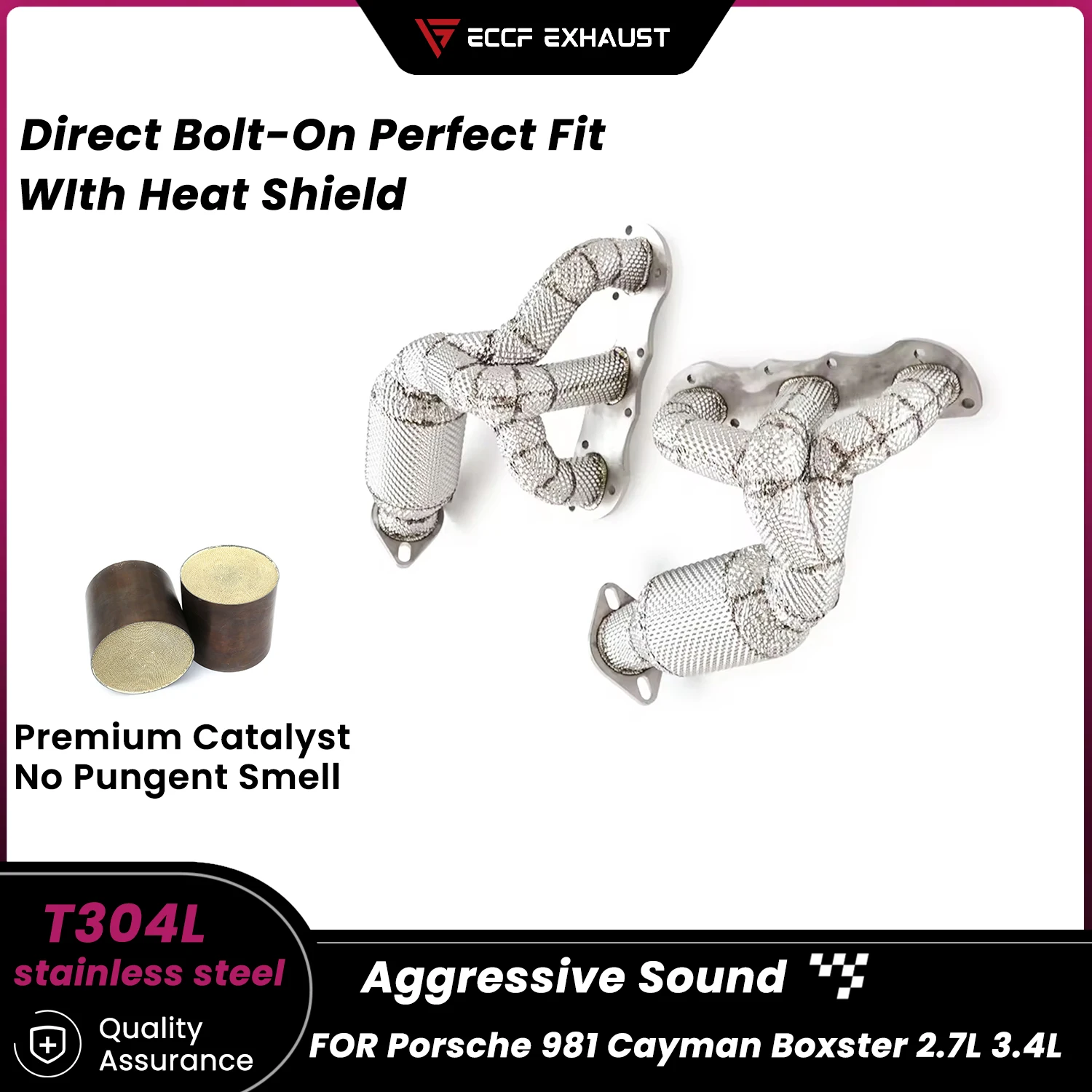 

High Flow Headers with Heat Shield Stainless Steel for Porsche 981 Cayman Boxster 2.7L 3.4L Maximize Exhaust Flow