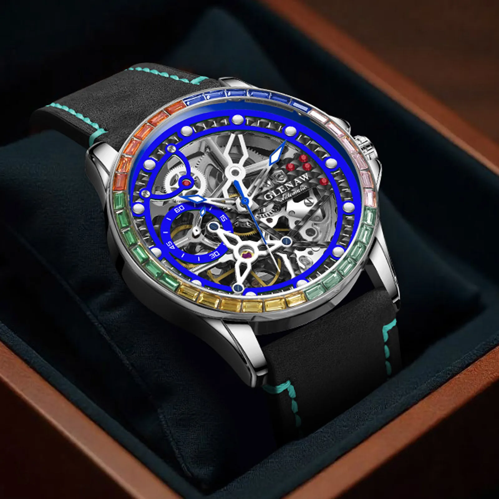 2026 GLENAW Brand Design New 43MM Luxury Mechanical Watch Men's Hollow Men's Watch Waterproof Automatic Watch Leather