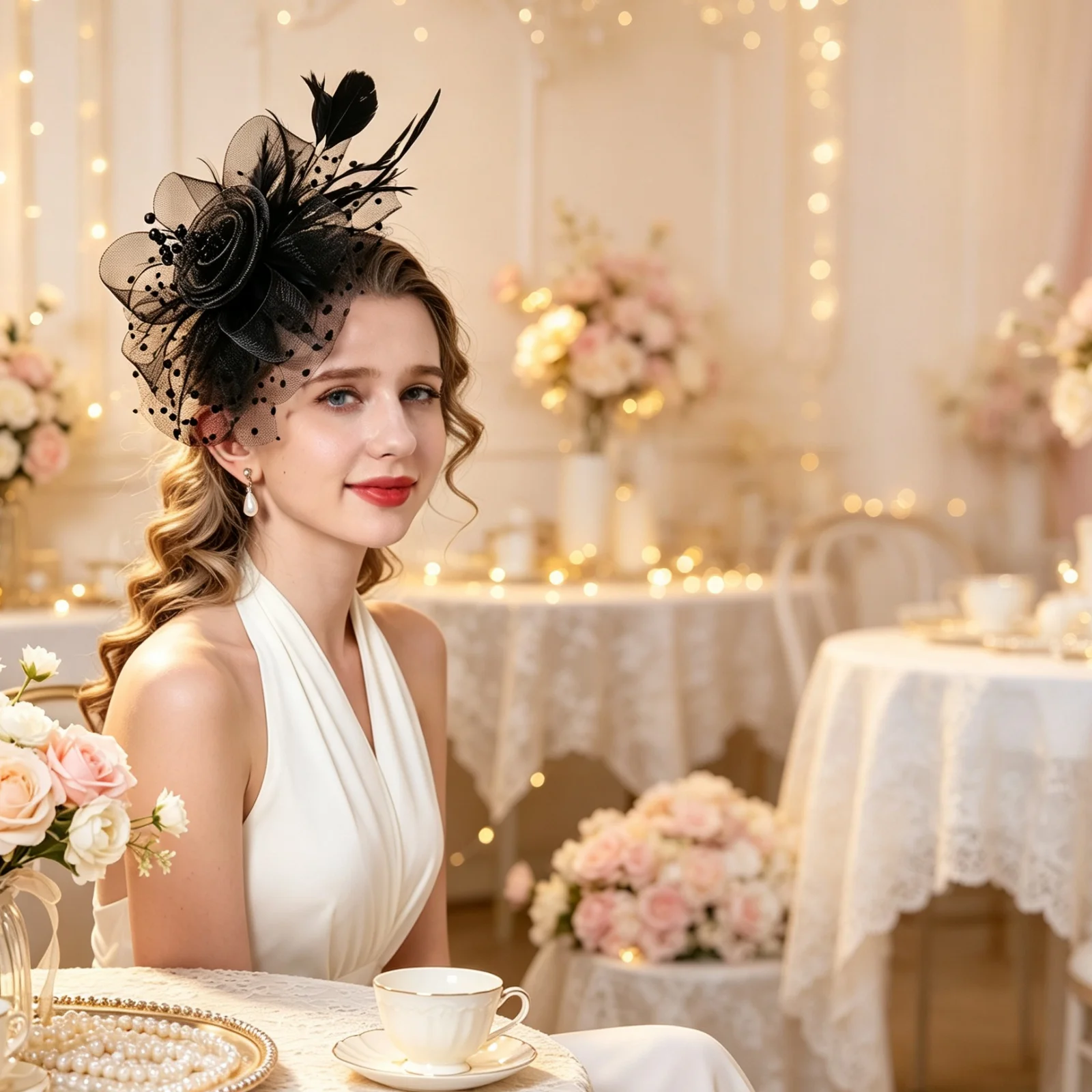 2PCS DRESHOW Modern Feather Fascinator Hair Clip Royal Ascot Formal Headpiece Bridal Wedding Party Elegant Hat for Girls Women