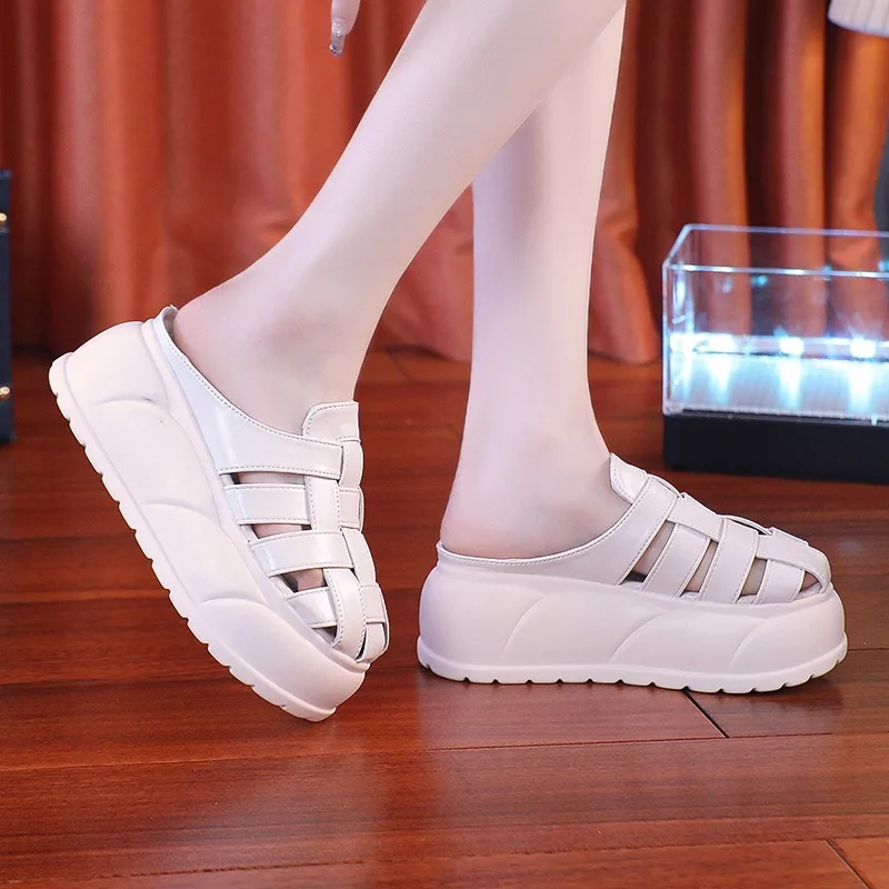 7.5cm Weave Microfiber Synthetic Leather Sandal Slippers Pumps Platform Wedge Non-slip Flats Summer Peep Toe Women Shoes 2024