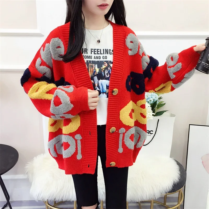 

Spring Autumn New in Women's Coat Loose and Lazy Style Letter V-neck Medium Long Jacquard Knitted Cardigan for Women Top